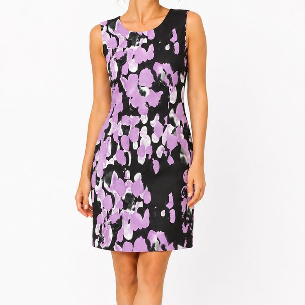 Samuel Dong Sheath Dress Sz M Purple Black Floral Sleeveless Career Cocktail